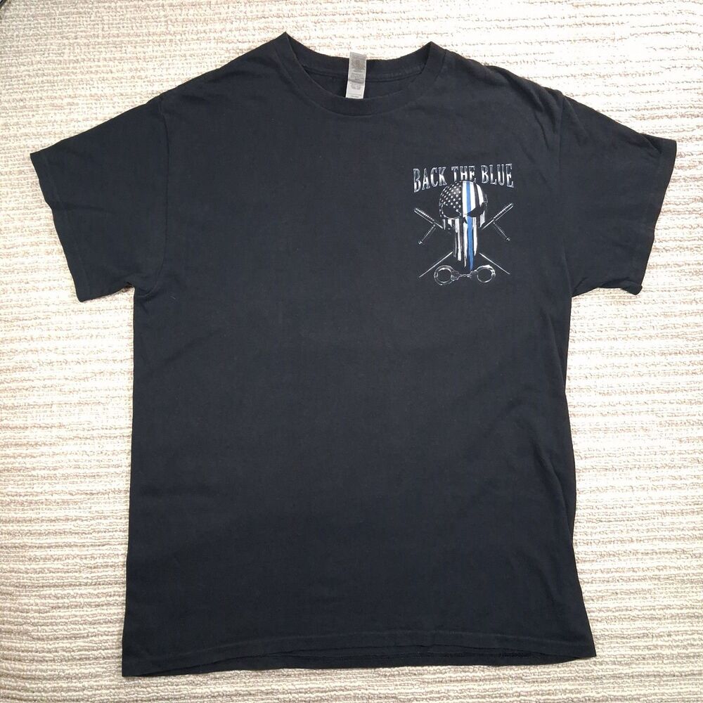 Gildan Back The Blue Thin Blue Line Skull Police T Shirt Mens Size Medium Black